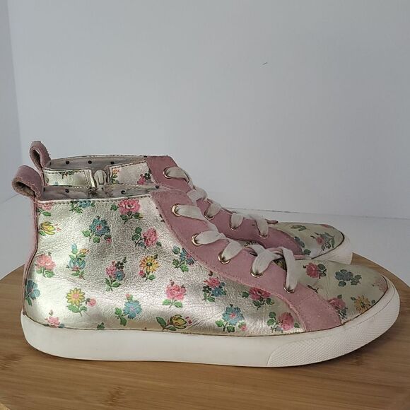 Mini Boden Metallic Gold & Pink Floral High-Top Sneakers Size 37 - Picture 1 of 10
